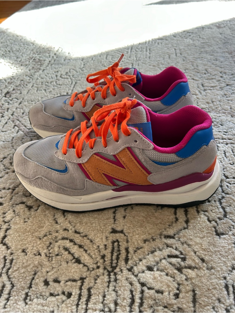 New Balance Gray Suede Sneakers with Orange Laces and Pink Lining